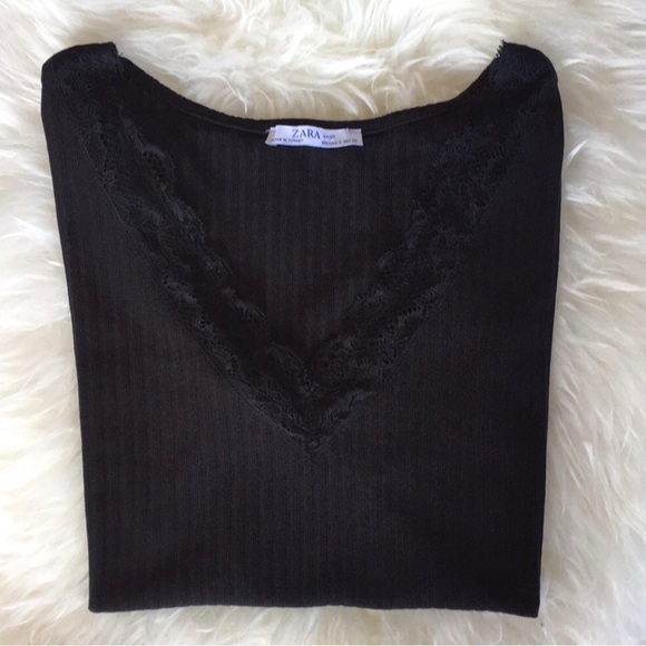 ZARA Black Lace Trimmed Ribbed Knit Short Sleeve Tee Med - Picture 7 of 9